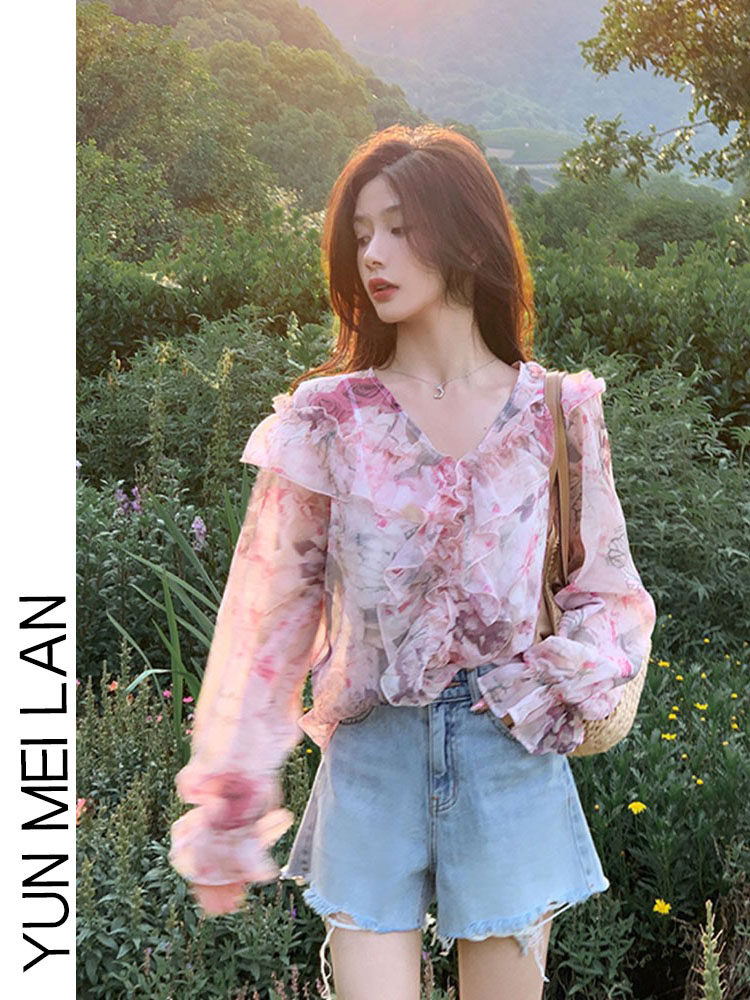 FRENCH VINTAGE FLORAL LONG-SLEEVED CHIFFON SHIRT WOMENS FALL 2024 NEW PATCHWORK RUFFLE THIN V-NECK SHIRT