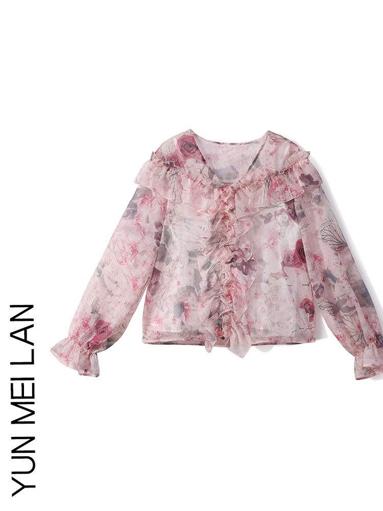 FRENCH VINTAGE FLORAL LONG-SLEEVED CHIFFON SHIRT WOMENS FALL 2024 NEW PATCHWORK RUFFLE THIN V-NECK SHIRT