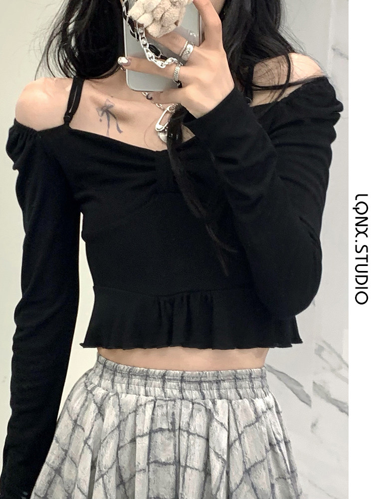 2023 NEW FALL BOW TIE OFF SHOULDER T-SHIRT WOMENS SLIM CROP SEXY CROP TOP BASE LAYER