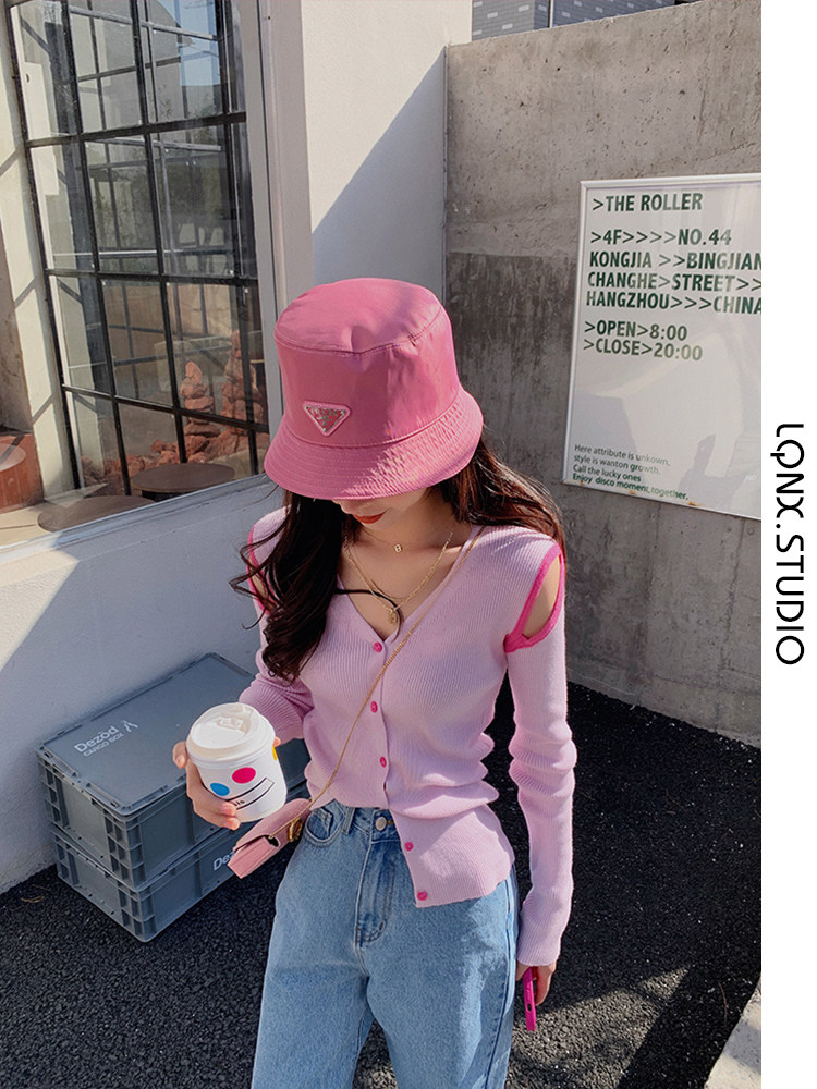 GENTLENESS VINTAGE CONTRAST OFF-THE-SHOULDER KNITWEAR WOMENS AUTUMN 2024 SLIMMING TOP V-NECK SCHEMING CROPPED CARDIGAN