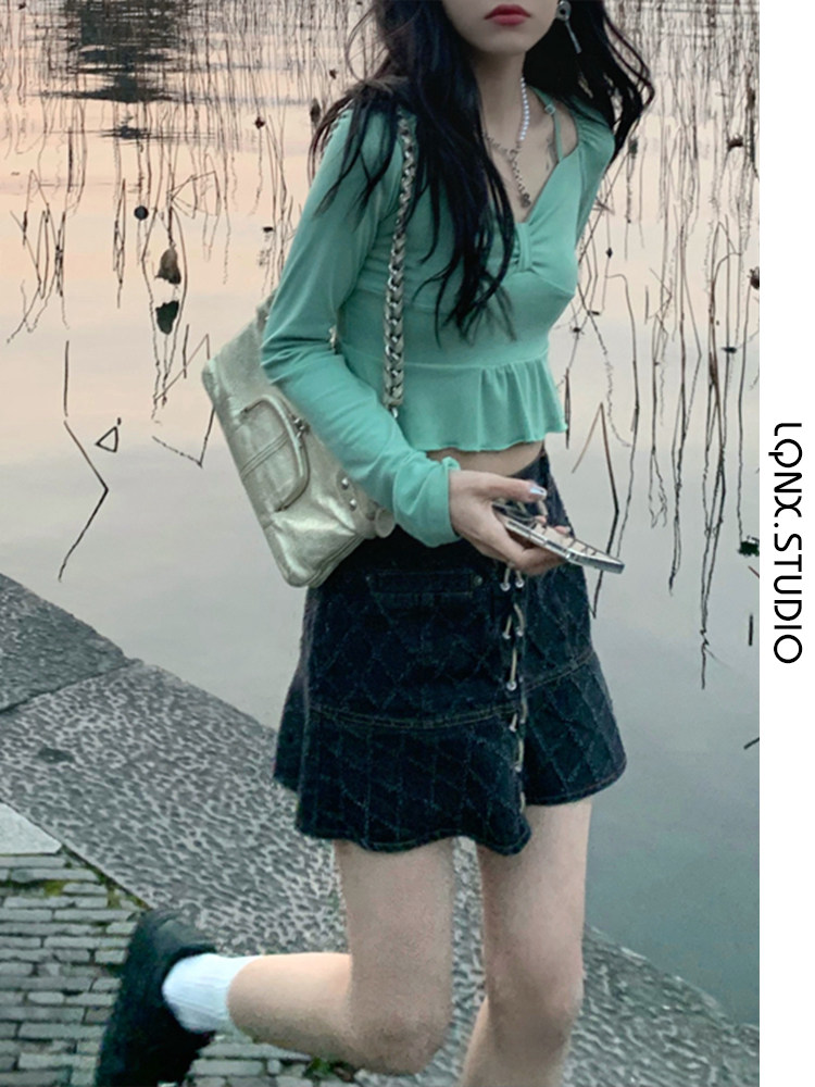 2023 NEW FALL BOW TIE OFF SHOULDER T-SHIRT WOMENS SLIM CROP SEXY CROP TOP BASE LAYER