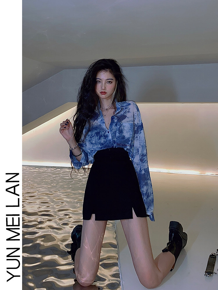 TIE-DYE SHIRT WOMENS 2024 NEW AUTUMN DESIGN SENSE NICHE HIGH-WAISTED SLIM FOREIGN CHIFFON SHIRT TWO-PIECE SET