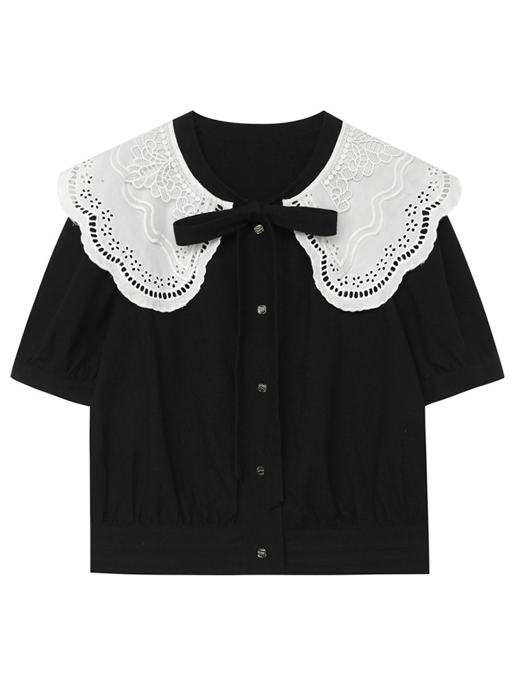 DESIGN SENSE NICHE SWEET CONTRAST LACE COLLAR TIE SHIRT WOMENS 2024 NEW SUMMER LOOSE CHIC SHIRT TIDE