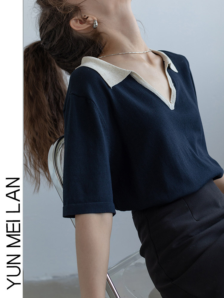 DESIGN KNITTED SHORT-SLEEVED COLOR-BLOCKED POLO SHIRT T-SHIRT WOMENS 2024 NEW SUMMER LOOSE AND THIN V-NECK TEMPERAMENT TOP