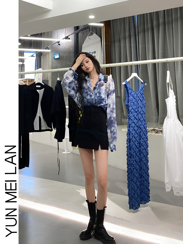 TIE-DYE SHIRT WOMENS 2024 NEW AUTUMN DESIGN SENSE NICHE HIGH-WAISTED SLIM FOREIGN CHIFFON SHIRT TWO-PIECE SET