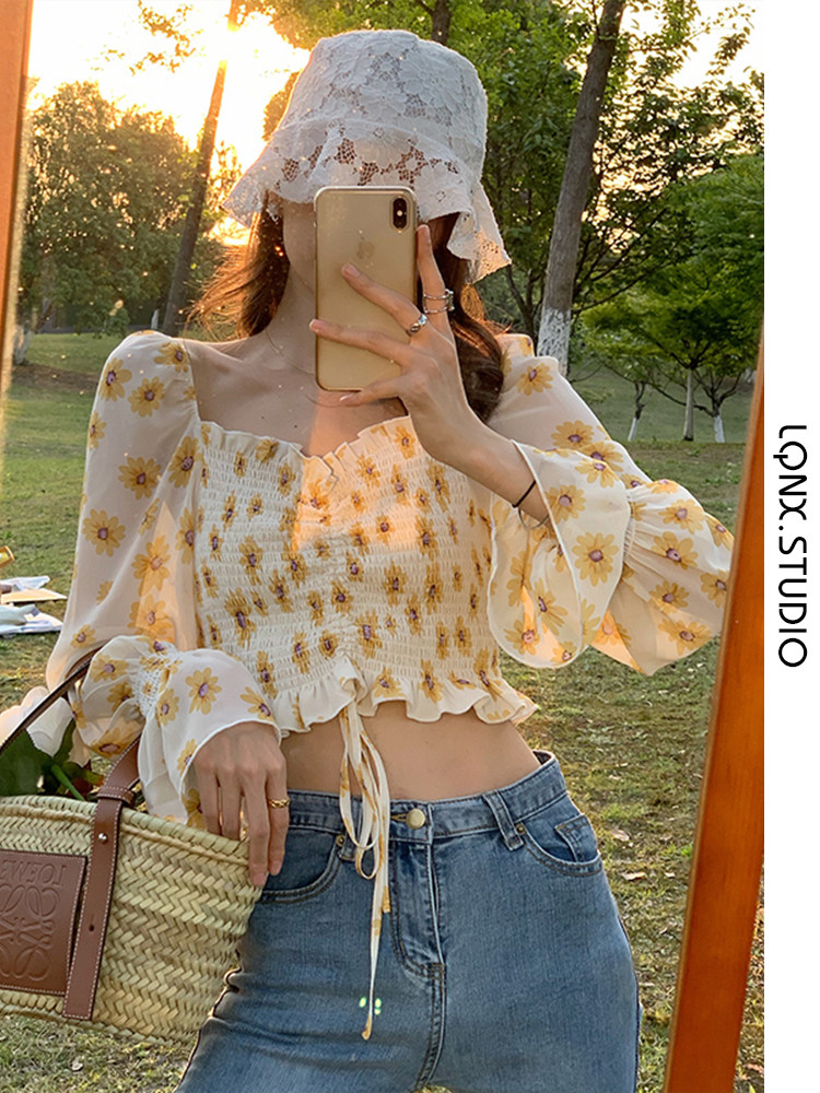 CROPPED SQUARE NECK FRENCH VINTAGE FLORAL TOP WOMENS SUMMER 2023 STRAIGHT SHOULDER SUNSCREEN SHIRT SLIM FIT CHIFFON TREND