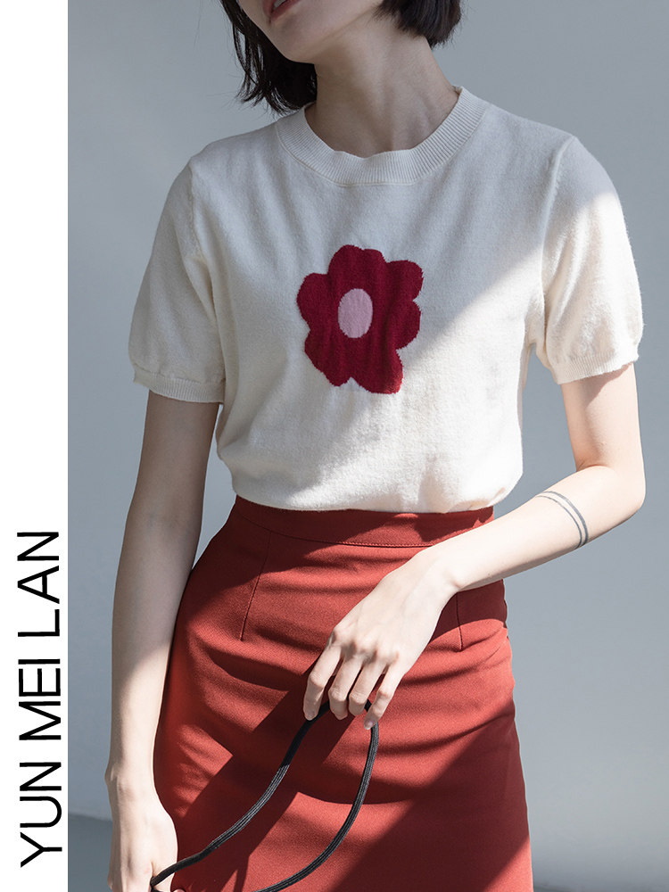 FRENCH RETRO SHORT SLEEVE KNIT SWEATER TOP WOMENS 2024 NEW SUMMER NICHE SHORT LOOSE SLIM CASUAL T-SHIRT