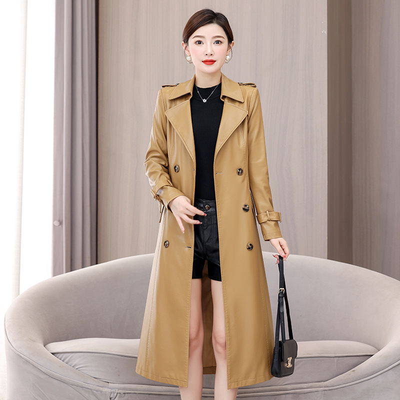 Spring and Autumn Genuine Leather Coat for Women, Long Over-The-Knee Sheepskin Trench Coat, Padded and Thickened Leather Coat, Plus Size Oversized Jacket