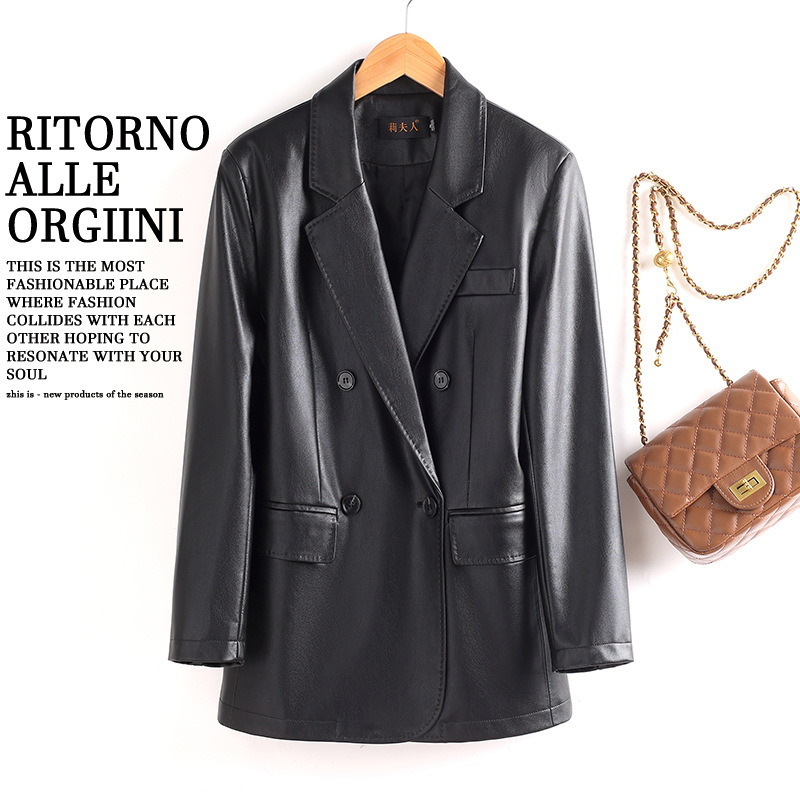 Spring and Autumn New Haining Leather Suit, Mid-Length Sheepskin Jacket for Women, Slim Fit, Age-Reducing Leather Blazer, Plus Size Coat