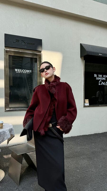 (Sisi Special) 2026 New Double-Sided Cashmere Coat for Women, Short Style with Stand Collar 081