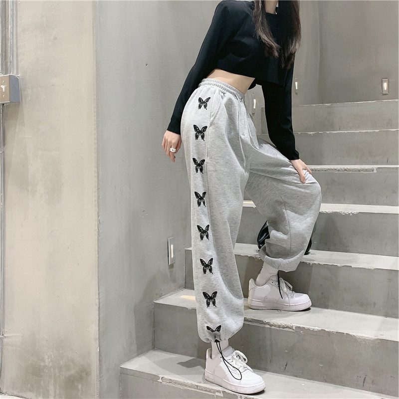 Casual sports pants female large size size Summer Herben trousers grey loose bunches heels Fat mm Slim Tall Waist Broadlegged Pants