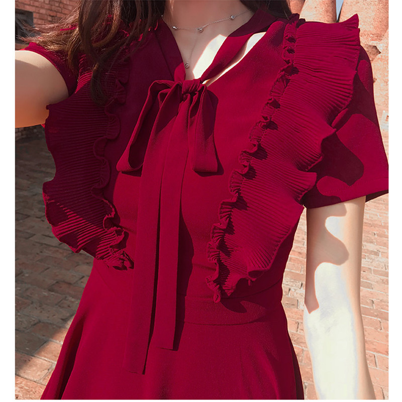 A-line skirt 2022 summer French first love bow fungus edge small skirt design sense niche red dress