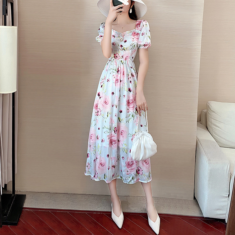 Hepburn style women's white floral dress 2021 new summer skirt fairy Super fairy temperament long dress