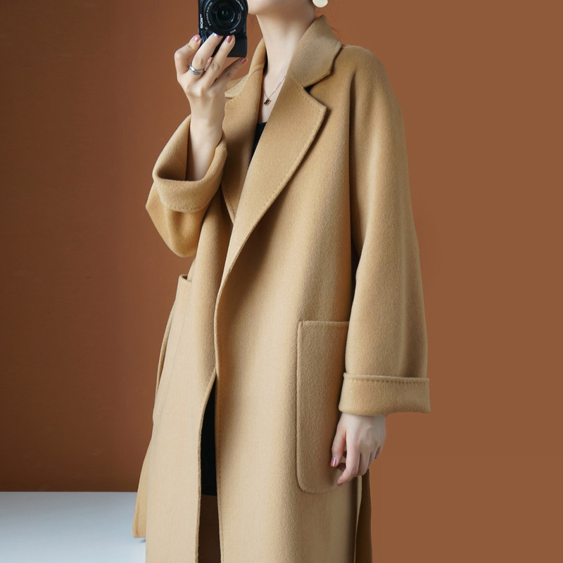 Double face cashmere big coat female medium long version small sub 100% Australian wool woolen hair autumn winter high-end lady jacket
