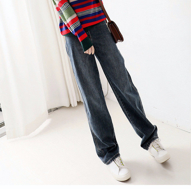 Washed wide leg slim high waist jeans women's spring 2021 new retro drape dark blue tone casual trousers