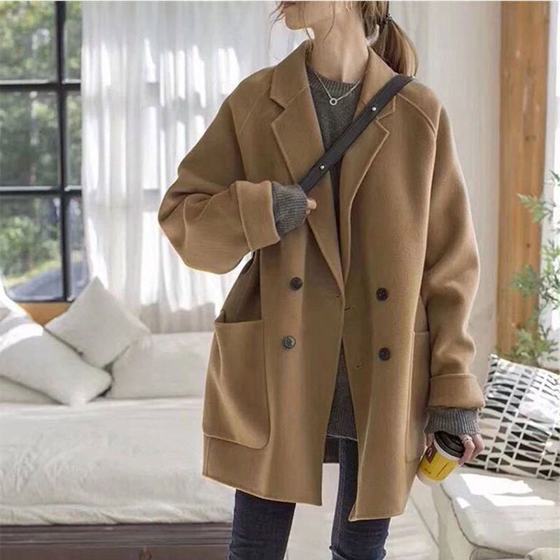 Herben winter bifacial cashmere big coat Girl small Inron wind double-row buttoned small suit with long version loose jacket