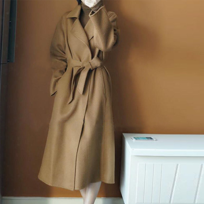 Double-sided cashmere coat women's winter 100% Australian wool loose high-end water ripple over-the-knee mid-length woolen coat