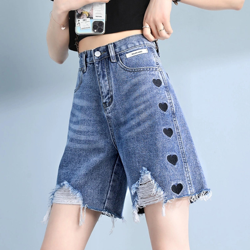 Breakthrough Jean Shorts Woman 2021 summer thin waist and loose hair - friendly hair - cut five - point straight pants
