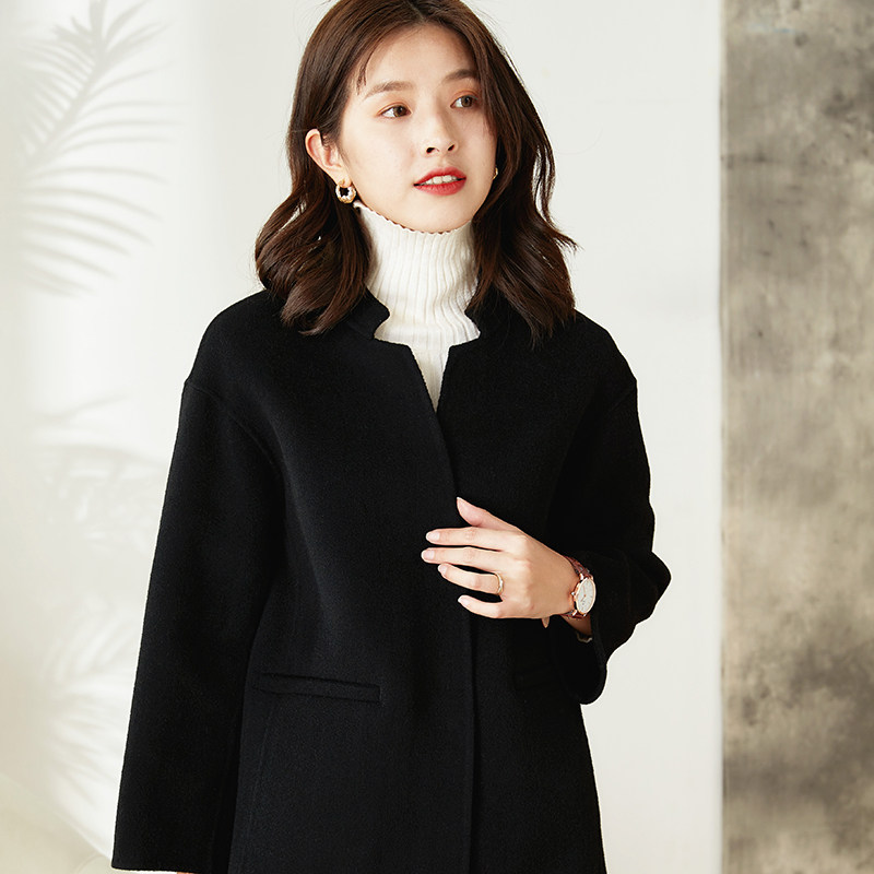 Double-sided cashmere coat woman in the long autumn winter wool commuter Han edition loose shoulder black hair coat