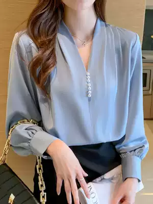 White chiffon shirt women's long sleeve autumn new design sense niche thin satin shirt foreign pie V neck shirt