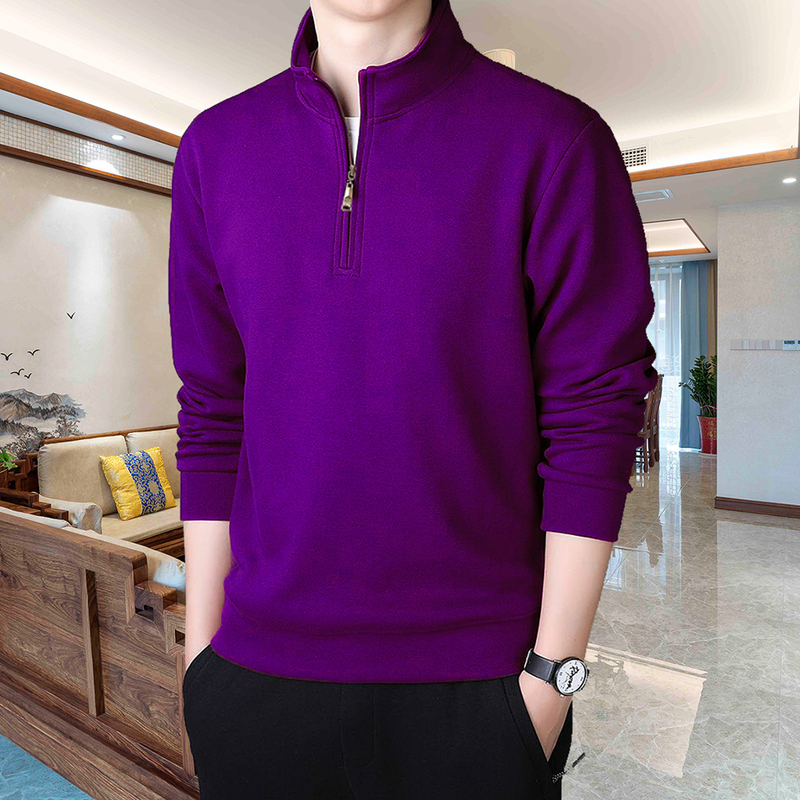 National Trend Purple High-Quality Sportswear Long-Sleeve Men's T-Shirt Fleece-Lined Half-Zip Stand Collar Sweatshirt Loose Fit Father's Outfit