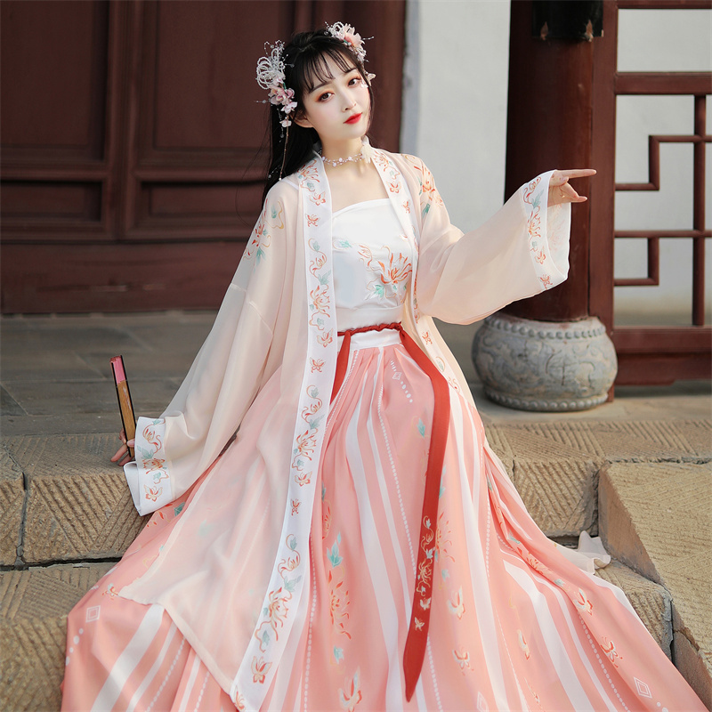 Shemini Original Hanfu [Ruihanxiang] Song Dynasty Style One-Piece Pleated Skirt with Waistband in Beige and Red Set