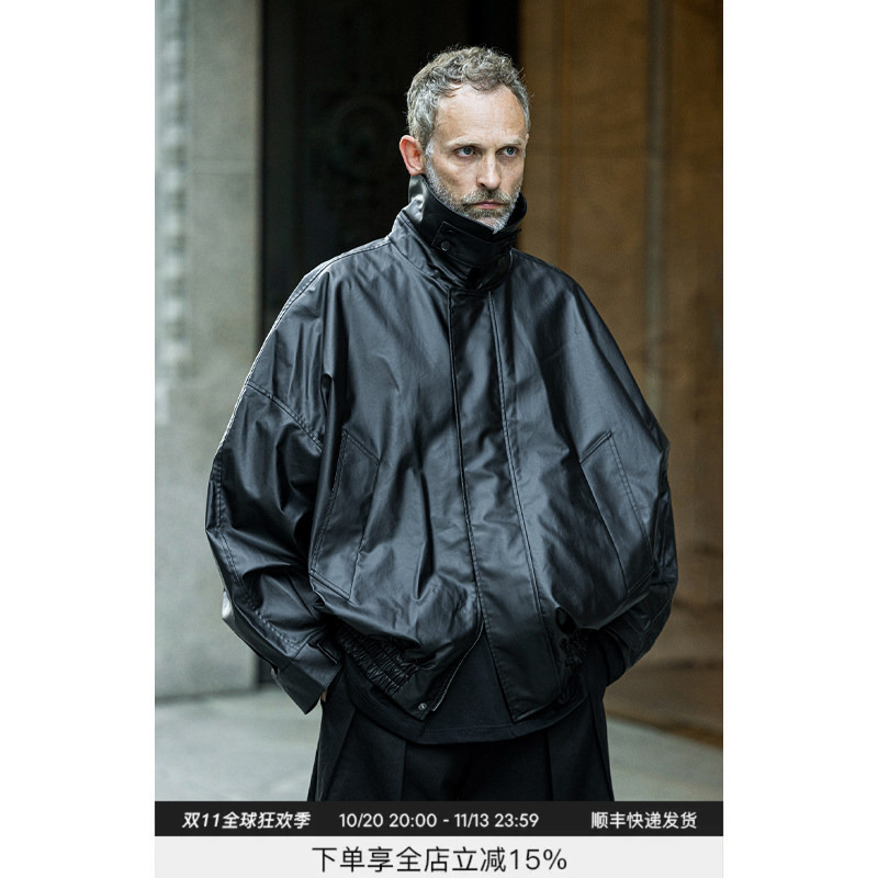 Oudavkyo Black Designer Minimalist High-End Ykk Zipper Waterproof Batwing Sleeve Leather Jacket Coat Oudavkyo Black Designer Minimalist High-End Ykk Zipper Waterproof Batwing Sleeve Leather Jacket Coat