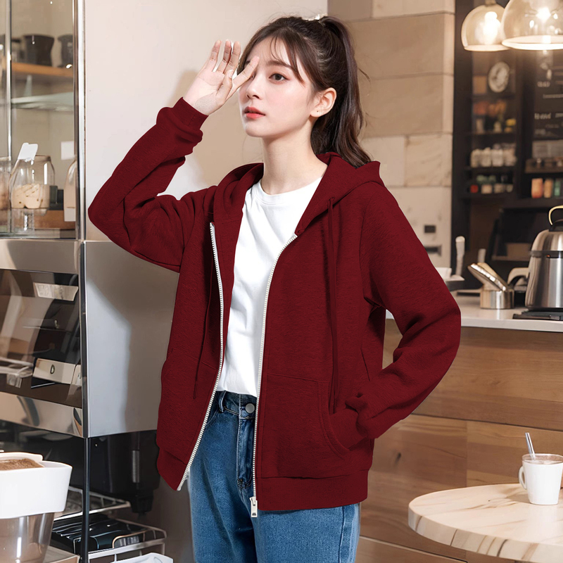 Hooded Sweatshirt for Women, Spring and Autumn 2026 New Popular Style, Petite Cardigan, Maroon Casual Sports Zipper Jacket
