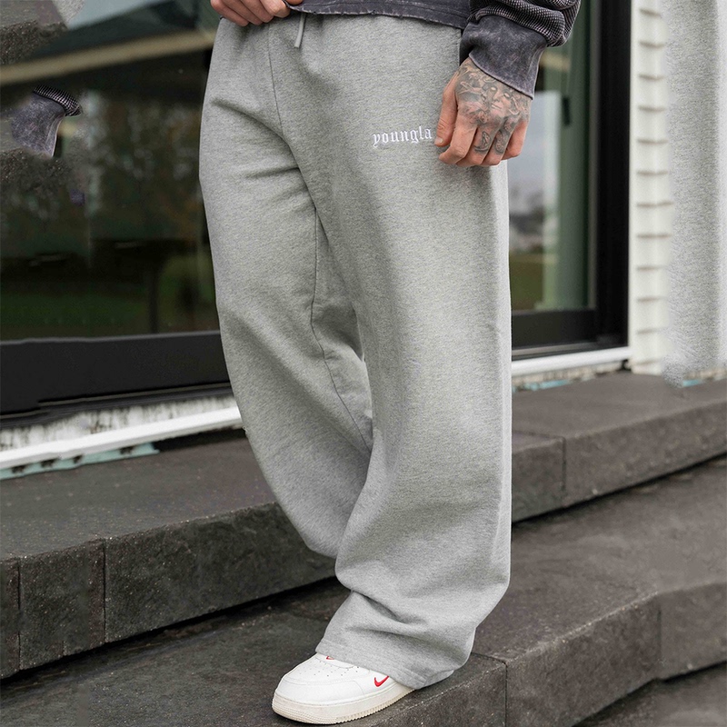 Youngla Embroidered Letter Logo Jogger Cotton Pants Loose Casual Straight-Leg Sweatpants Track and Field Training Basketball Pants