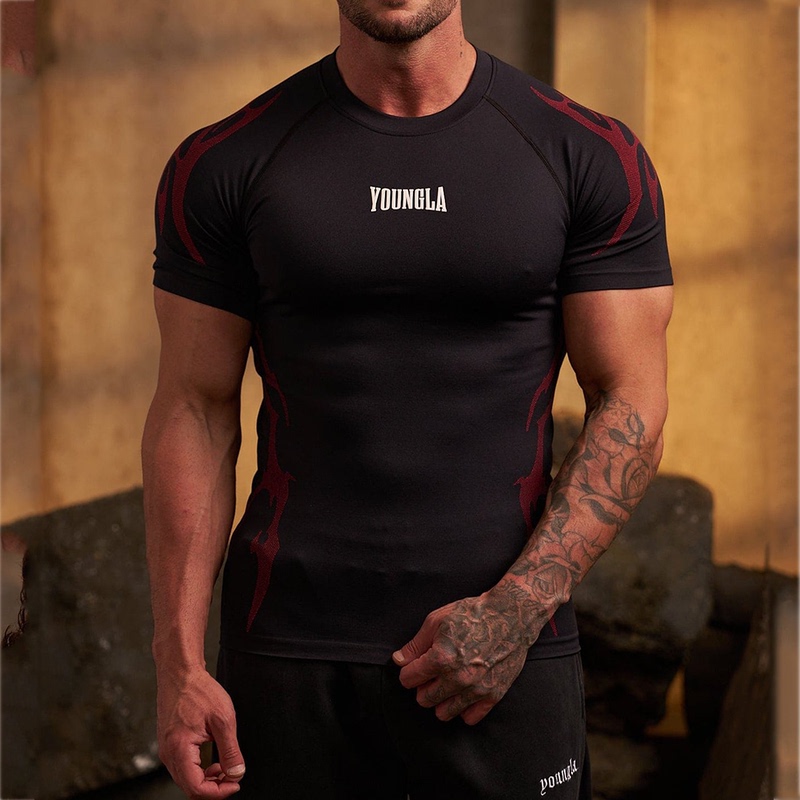 Youngla Quick-Drying High-Elastic Tight-Fitting T-Shirt European and American Style Compression Clothing Gym Workout Shirt Training Top