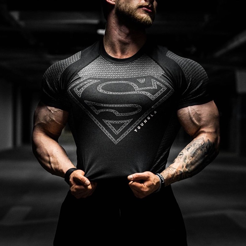 Youngla Quick-Drying High-Elastic Tight-Fitting Men's T-Shirt for Gym Weightlifting Training Fitness Short-Sleeved American-Style Muscle Shirt Thin