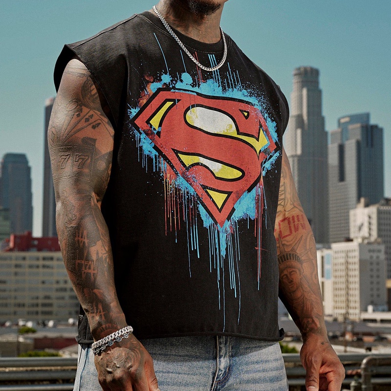 Superman Co-Branded Youngla Loose Cotton Vest Trendy Large Print Oversized Sleeveless T-Shirt Sports Top