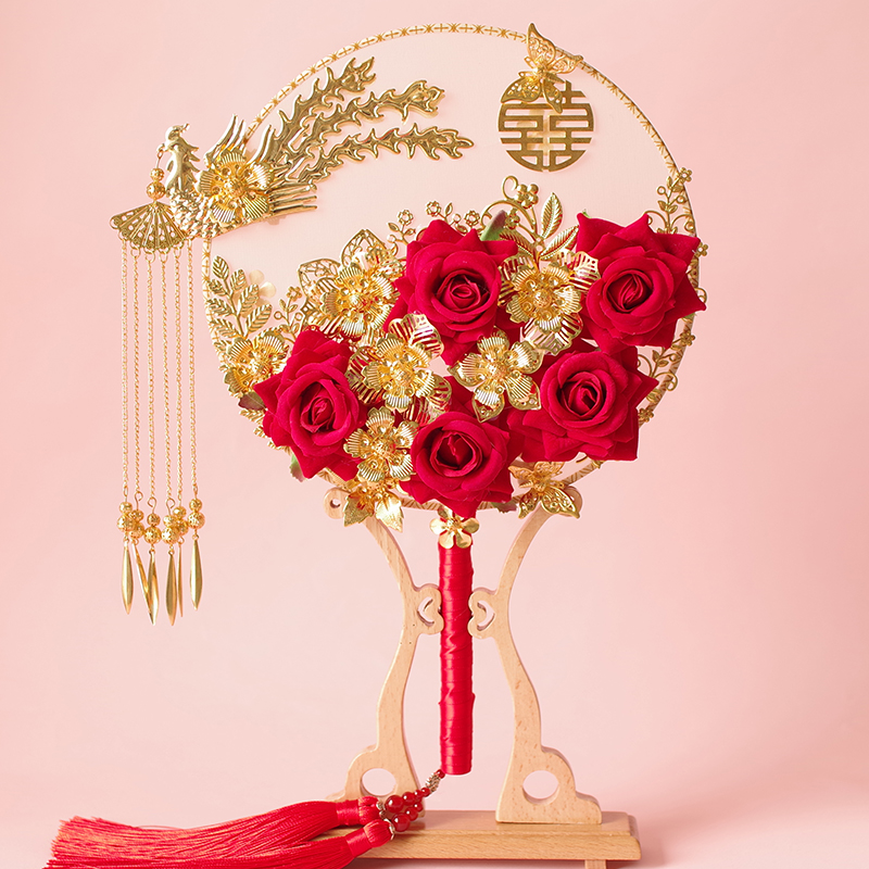 Chinese Bridal Wedding Ensemble Fan Wedding Ancient Wind Show and fan by hand Happy Fan Out of Wedding Face Diy Material Bag