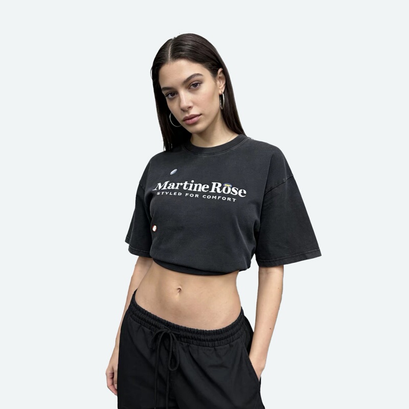 Martinerose Washed Vintage Slogan Logo Graffiti Sticker Print Heavyweight Short-Sleeve Unisex Retro Streetwear