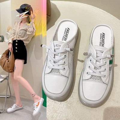 休闲百搭半拖鞋女2021夏季新款韩版圆头系带包头无后跟小白鞋女