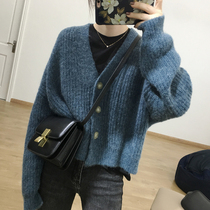 Knitted cardigan womens autumn and winter Korean retro age reduction vneck single-breasted short sweater loose lazy long sleeve jacket