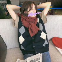 Japanese retro V-neck sweater vest knitted womens cardigan with loose academic style diamond sleeved sleeveless horse jacket