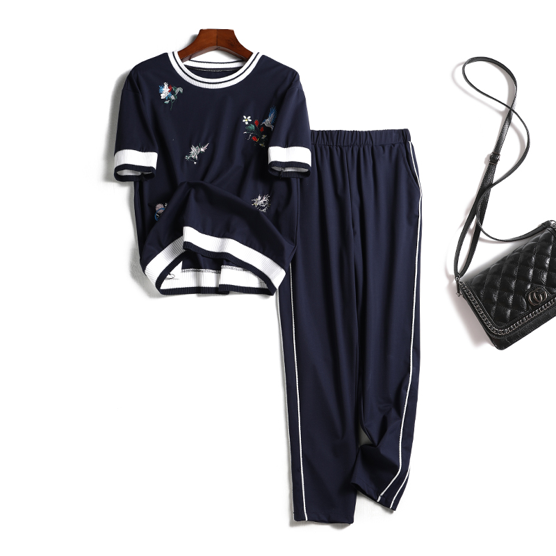 New breathable sweat sports suit summer embroidered round cotton T - shirt small pants casual two - piece suit woman