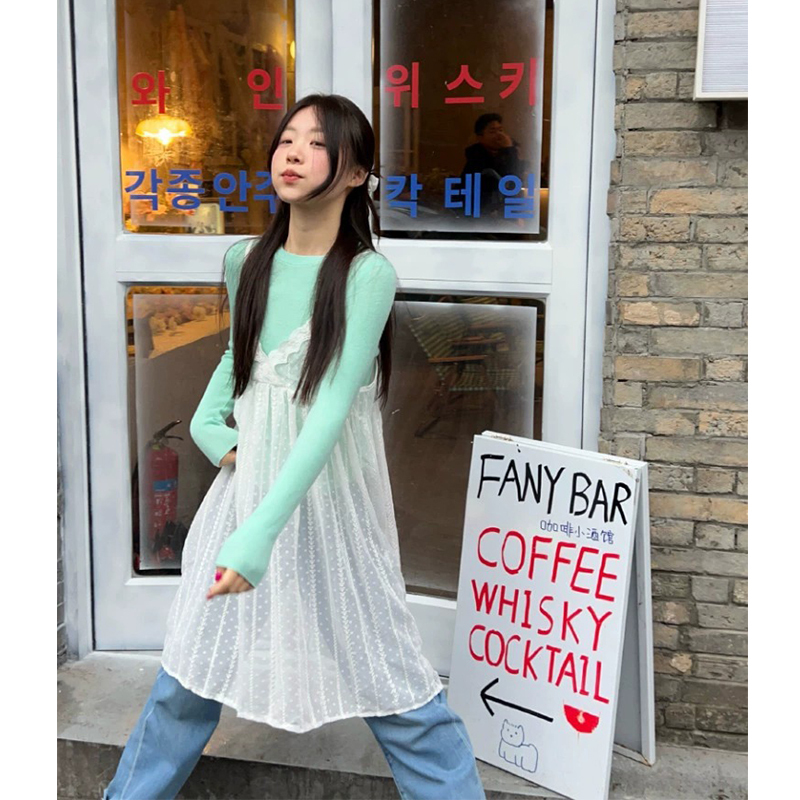 Korean Chic Spring Niche Gentle Style V-Neck Embroidered Lace Loose See-Through Layered Lace Camisole Dress