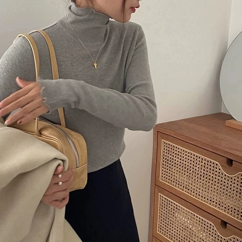 Демисезонный свитер, трикотажная приталенная базовая приятная телу футболка, 2021 года, высокий воротник