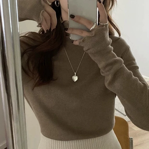 Демисезонный свитер, трикотажная приталенная базовая приятная телу футболка, 2021 года, высокий воротник