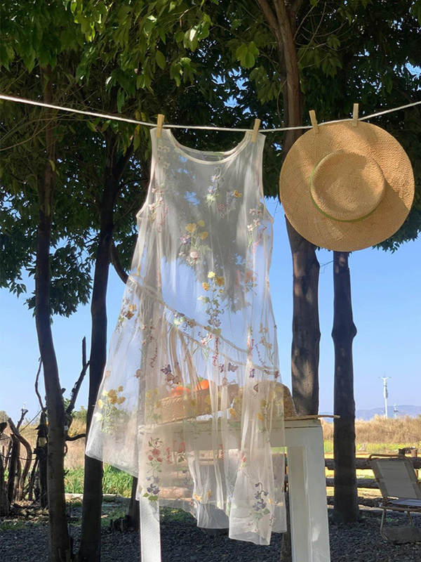 Forest-Style Gentle Embroidery Mesh Sleeveless Dress for Women 2025 Summer Loose Layered Outerwear Tank Dress