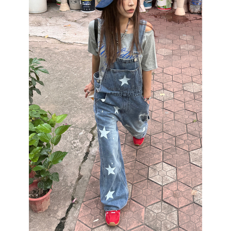 American Retro Star Print Denim Overalls Cleanfit Design Unisex Wide-Leg Loose Casual Pants