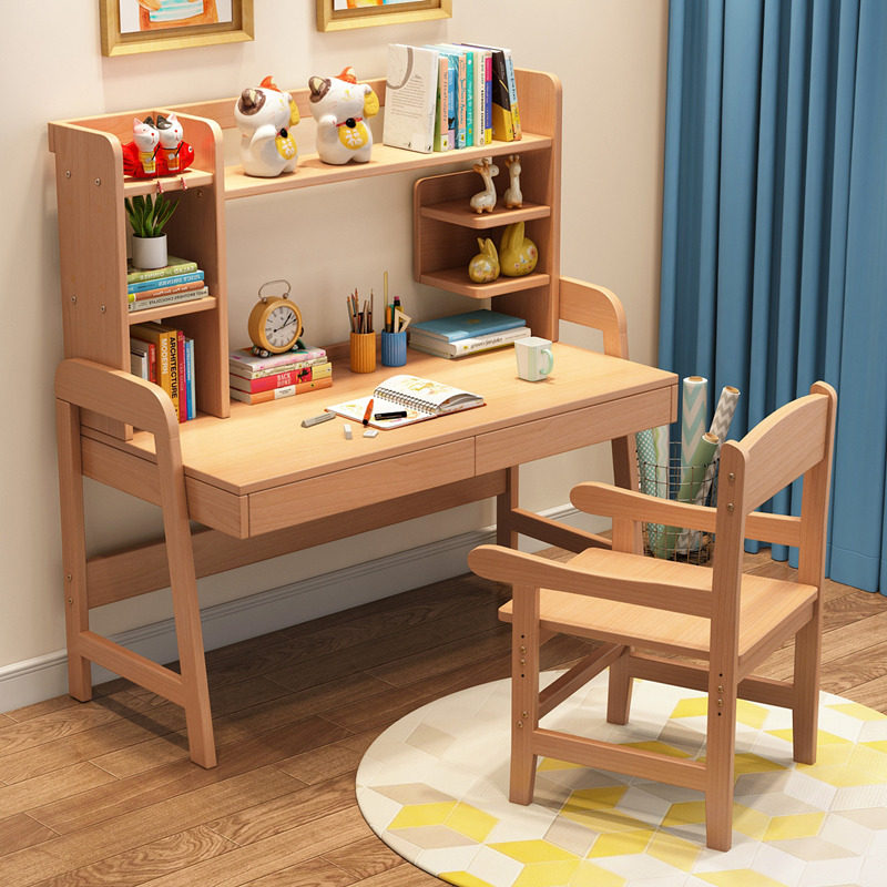 All solid wood study table children's desk simple home primary school students writing desk modern lifting economical beech