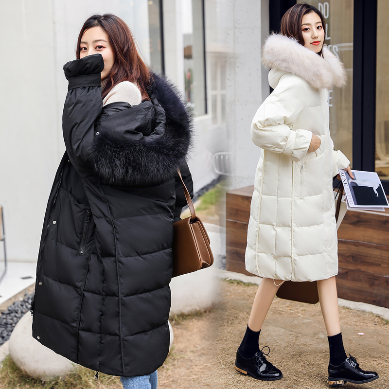 羽绒服女2019新款 爆款白色大毛领韩版中长款过膝加厚外套女潮