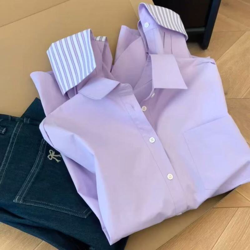 Lazy and High-End Stripesd Splicing Purple Shirt for Women in Spring, Super Nice, Unique and Beautiful Shirt, Versatile Fashionable Top Lazy and High-End Stripesd Splicing Purple Shirt for Women in Spring, Super Nice, Unique and Beautiful Shirt, Versatile Fashionable Top