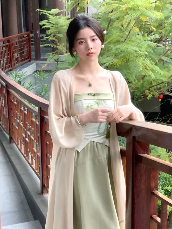 New Chinese Style National Style Sun Protection Shirt with Suspender Skirt for Women, Summer New French Sweet Mid-Length Air-Conditioning Cover-Up Jacket