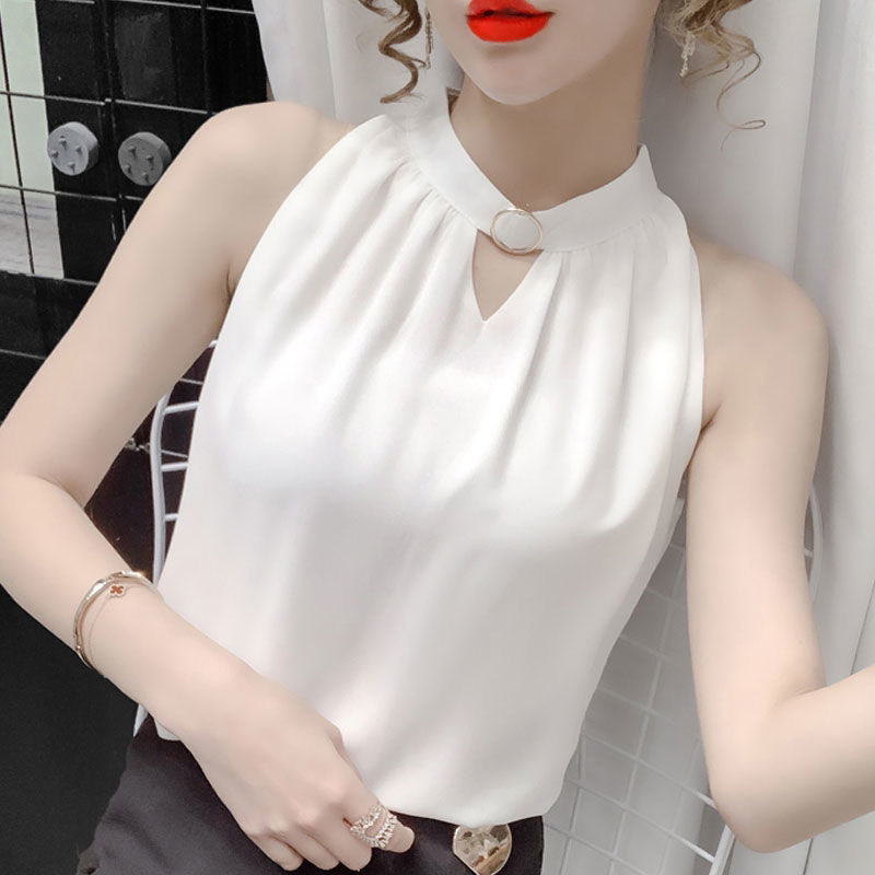 Chiffon Sleeveless Shirt for Women, New Summer Korean Style, Fashionable, Sexy, Hollow-Out Halter Neck Tank Top, Trendy Blouse