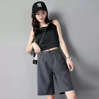 Suit shorts female summer Korean version of thin high waist straight tube Hong Kong flavor thin five points shorts tide loose casual pants women
