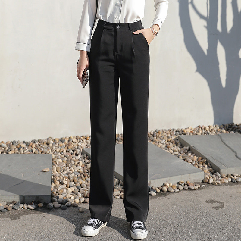 Straight pants women's loose straight high waist thin autumn drape thickened black suit pants tooling plus velvet long pants